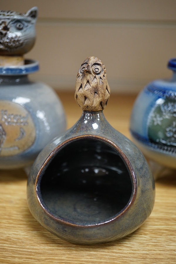 Guy Sydenham (1916-2005), two ‘witches brew jars’, one with ‘cats head’ stopper and a salt cellar, tallest 14cm